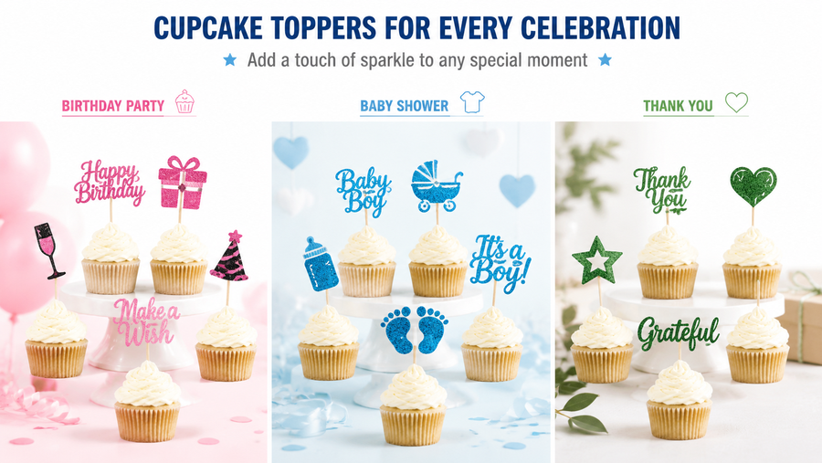 Graduation cupcake toppers with glittery 2026, caps, and congratulatory words on vanilla cupcakes.