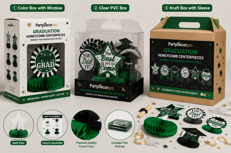 Graduation centerpiece packaging options: window box, PVC box, and kraft sleeve, customizable for branding and bulk events.