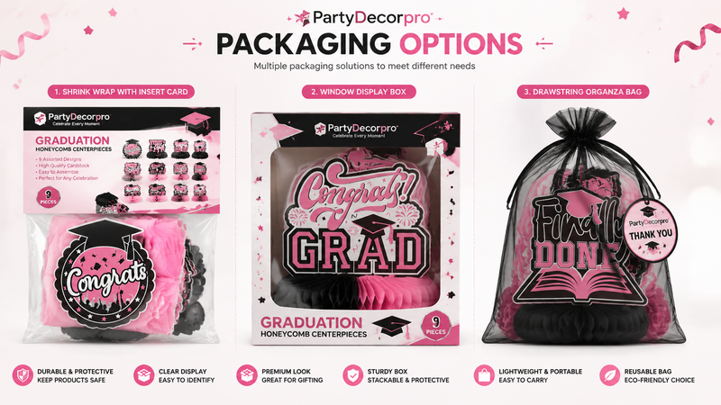Graduation centerpiece packaging options: shrink wrap, window display box, and drawstring bag, customizable for branding.