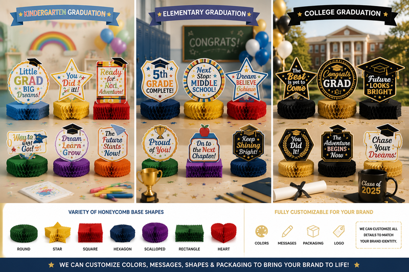 Graduation honeycomb centerpieces with diverse base shapes and colorful cardstock toppers for different education levels.