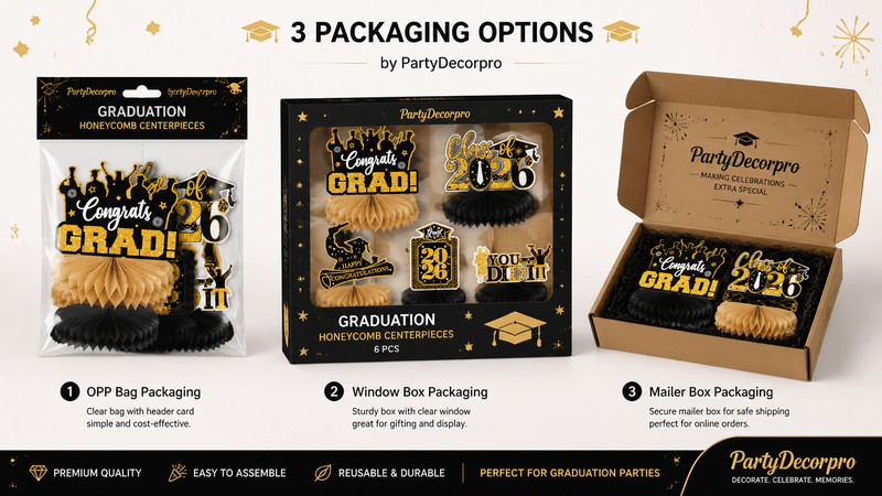 Graduation honeycomb stand packaging in three styles including OPP bag, window box, and mailer box, customizable for parties.