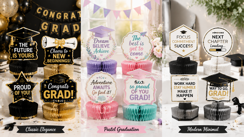 Graduation day honeycomb stand decorations in multiple themes and colors with inspirational messages for party displays.