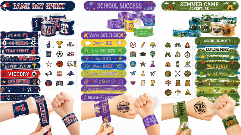 Colorful themed slap bracelets and stickers for graduation, school, and summer camp celebrations, suitable for B2B wholesale.