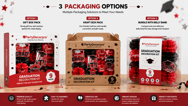 Hanging party decorations with diverse packaging concepts in vibrant colors for retail and B2B orders