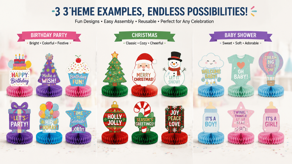 Three festive honeycomb paper centerpieces for Birthday, Christmas, and Baby Shower celebrations