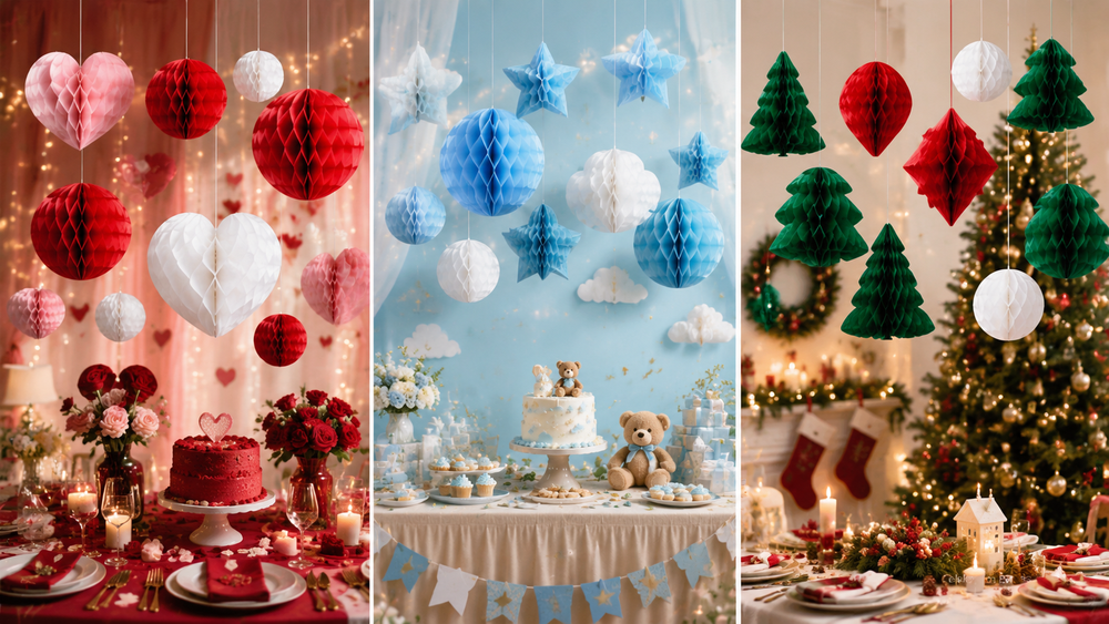 Triptych-style festive party decorations with varied shaped paper ornaments for Valentine, baby shower, and Christmas setups.