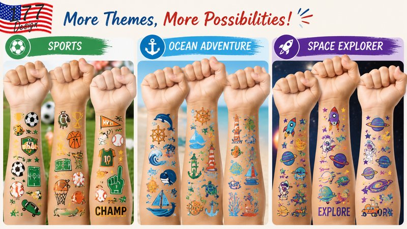 Temporary tattoo sets with colorful holiday and party themes on raised forearms, customizable for B2B and retail.