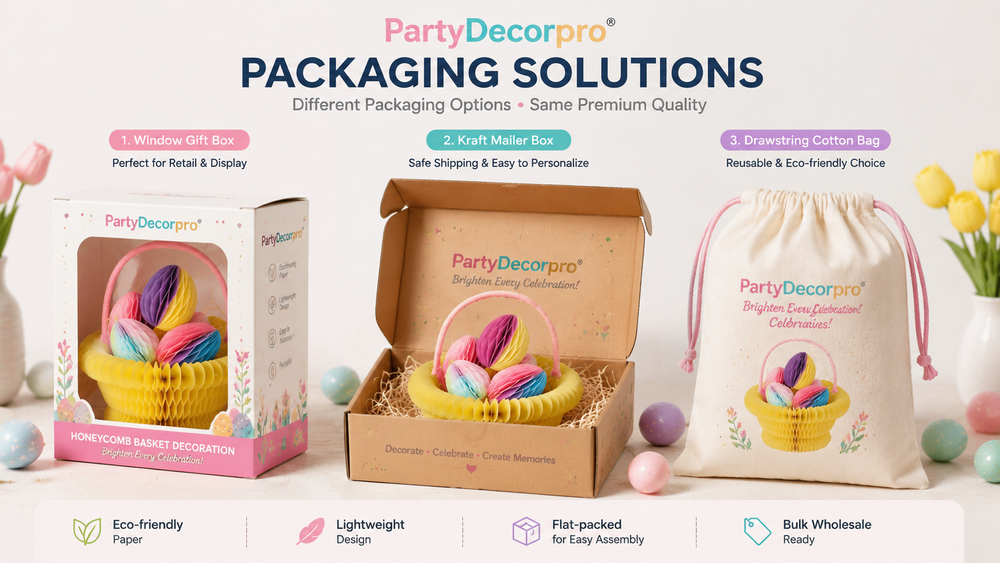 Honeycomb basket packaging options: clear OPP bag, color box, and drawstring cotton bag for customizable gifting and wholesale