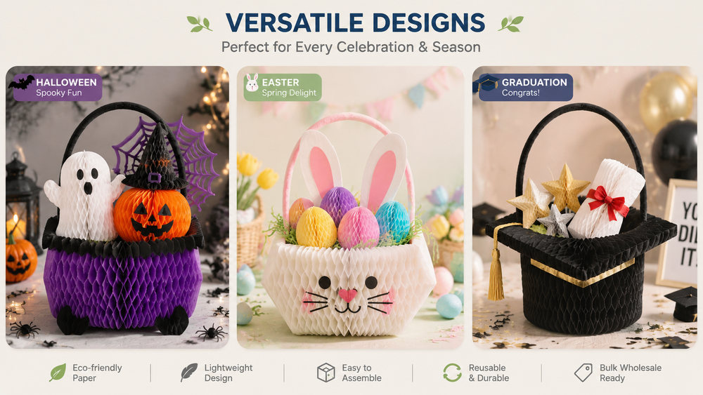 Honeycomb paper basket decorations for Halloween, Easter, and Graduation events