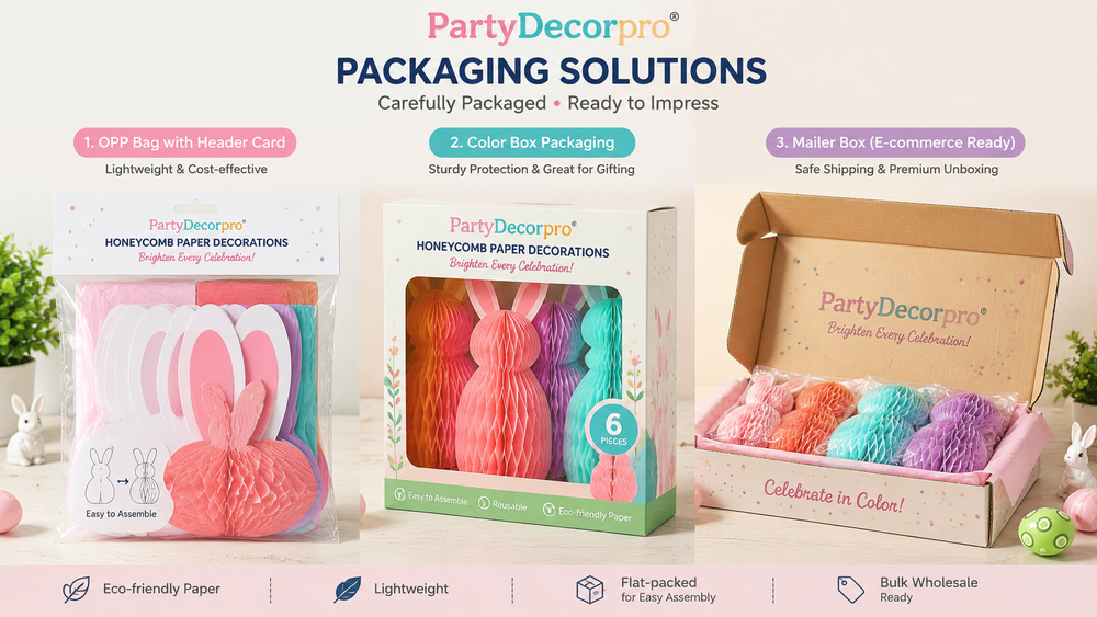 CuHoneycomb paper decoration packaging options including flat pack, color box, and mailer box with customizable branding