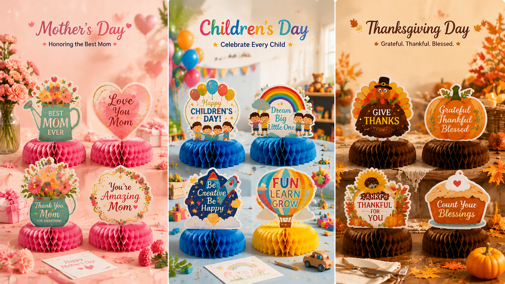 Colorful honeycomb paper table decorations for Mother's Day, Children's Day, and Thanksgiving with foldable designs and festive props.