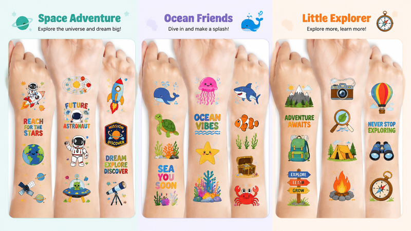 Kindergarten graduation temporary tattoos with colorful cartoon designs on forearms, B2B suitable.