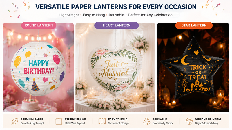Multi-shaped colorful paper lanterns for party and holiday decorations, arranged in a 16:9 layout.