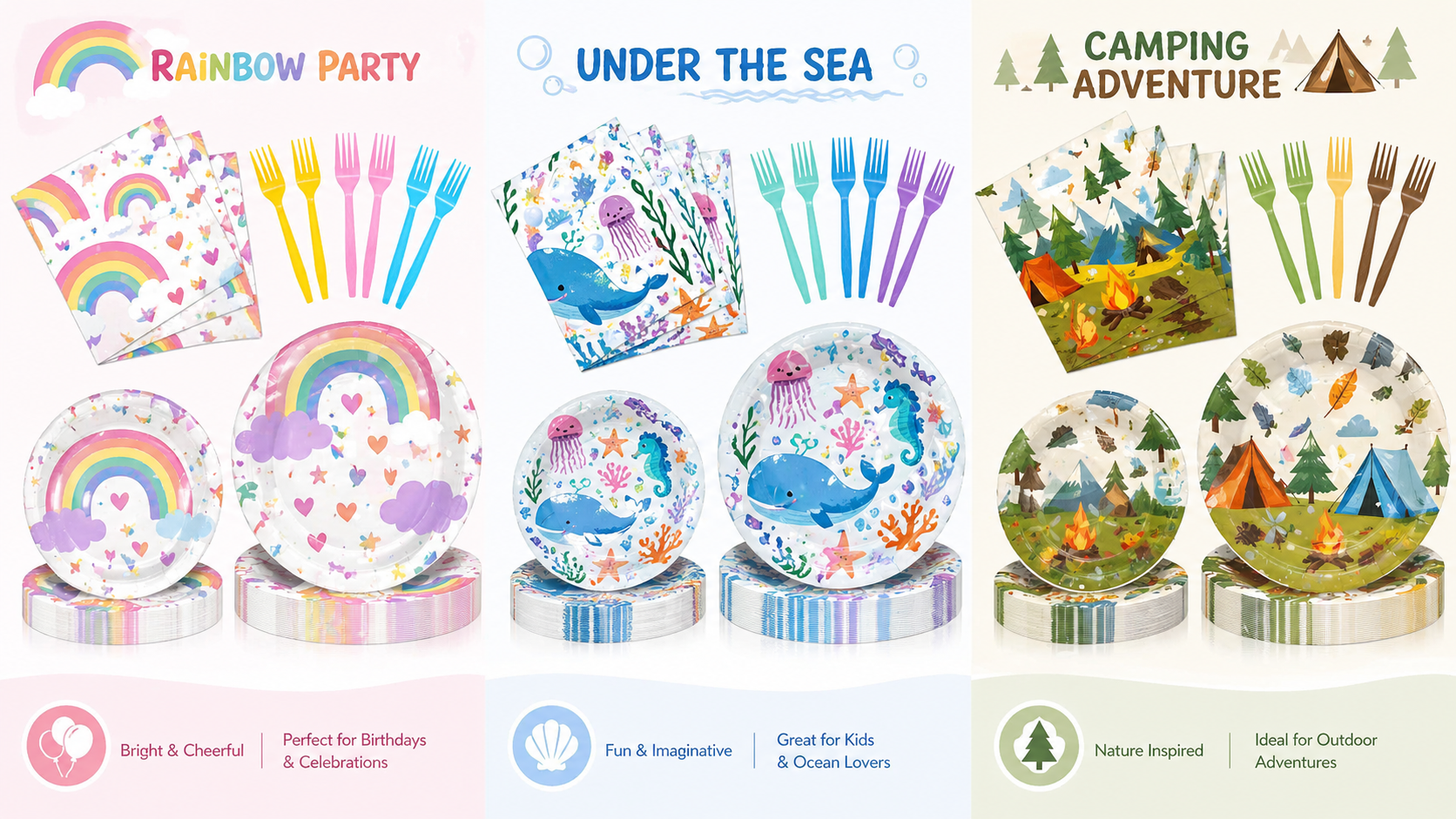Rainbow ocean camping themed disposable party tableware set with paper plates napkins and colorful forks kids party supplies display
