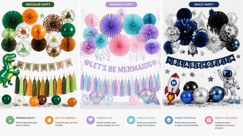 Multi-shape colorful tissue paper party decorations for weddings, birthdays, and graduation events.