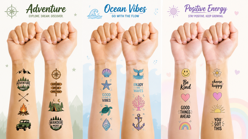 Colorful temporary tattoos on forearms featuring festive and party themes for wholesale.