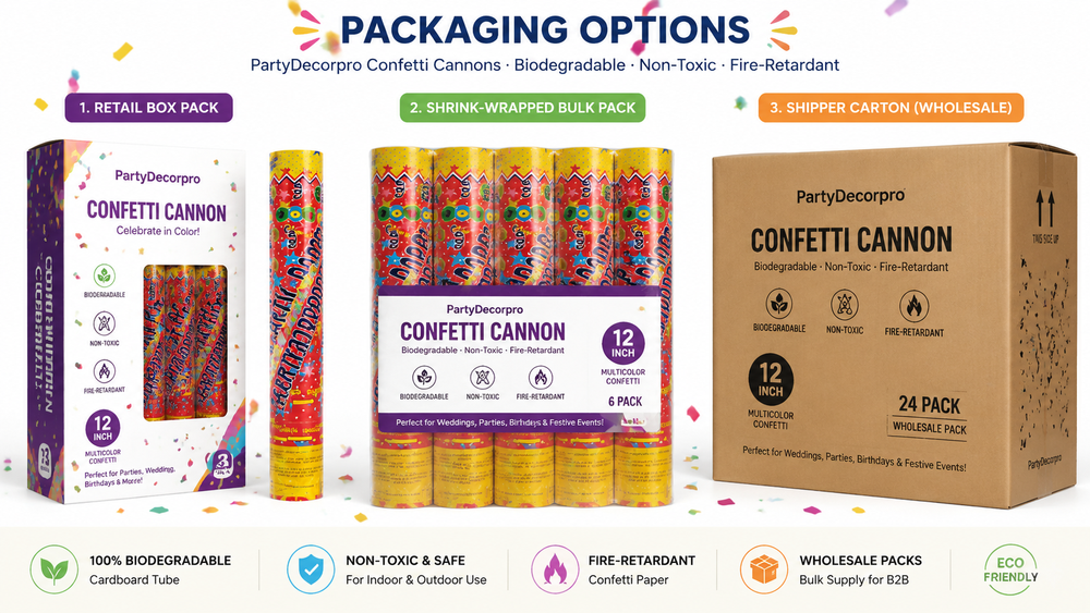 PartyDecorpro confetti cannons with retail, bulk, and wholesale packaging, biodegradable, non-toxic, fire-retardant.