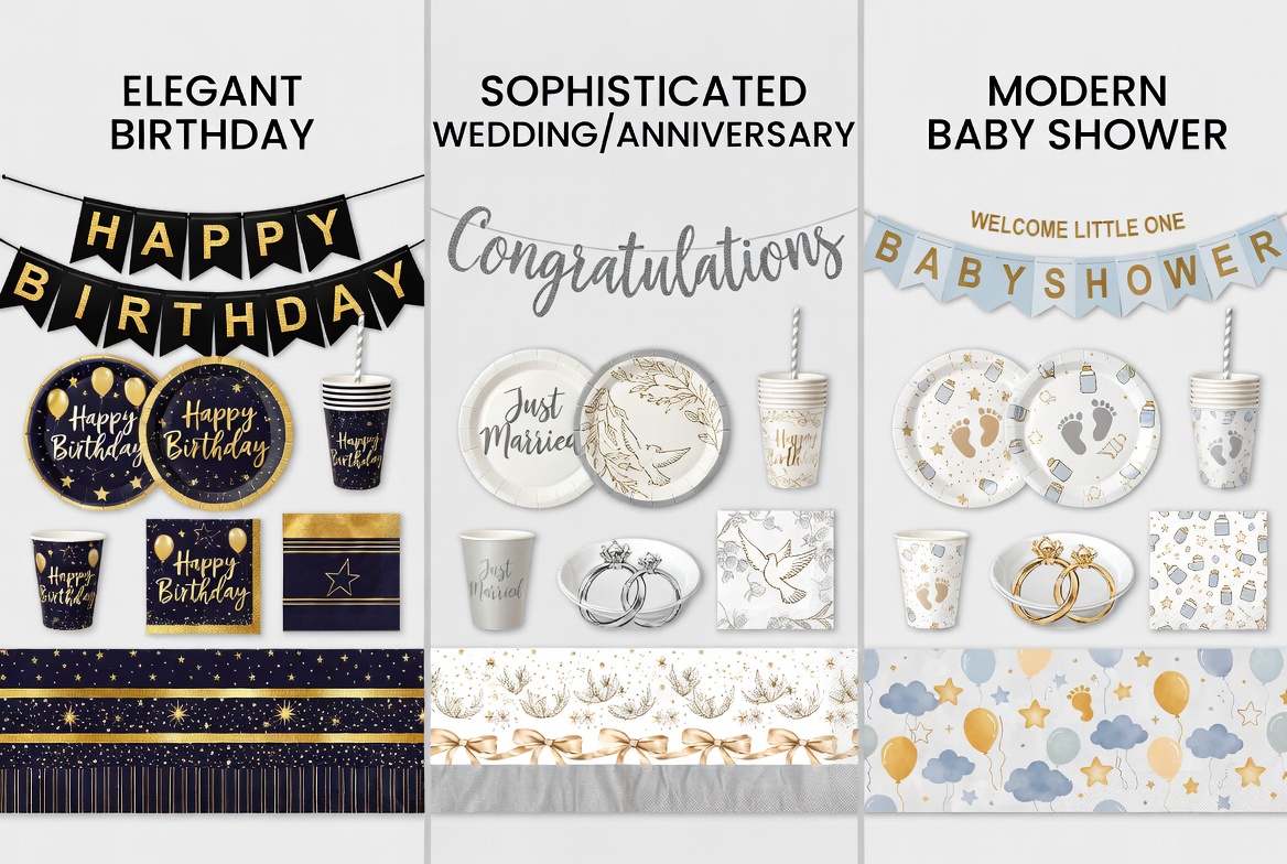 Elegant party supplies collage featuring customizable black gold birthday, silver wedding anniversary, and blue baby shower themes with banners plates cups napkins and tablecloths