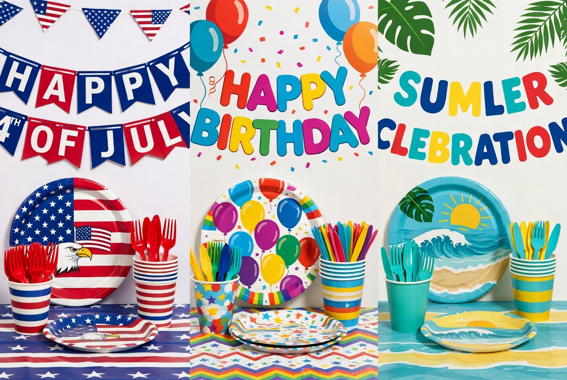 Three-panel collage of customizable patriotic 4th of July, colorful birthday, and tropical summer party supplies sets including plates, cups, utensils and tablecloths