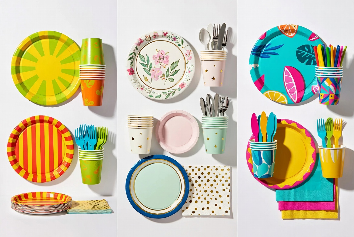Colorful disposable party supplies in three themes: summer picnic, garden party, and tropical fiesta - plates, cups, utensils and napkins