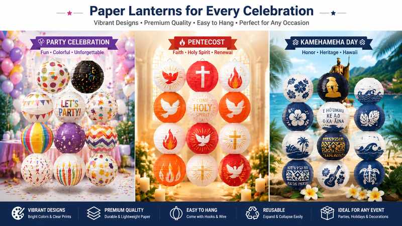 Colorful party display with Pentecost and Kamehameha Day decorations for themed events.