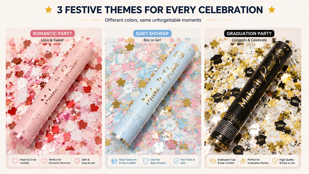 Colorful pull-ring party poppers in gold, silver, and red with star confetti, safe and ideal for weddings, baby showers, and graduation parties.