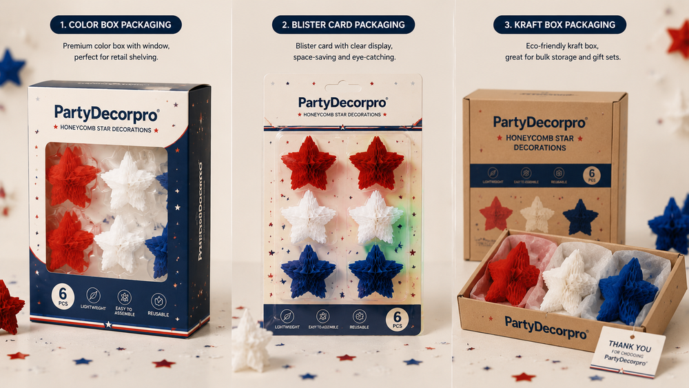 Red, white, and blue honeycomb paper stars in various packaging styles for party wholesale