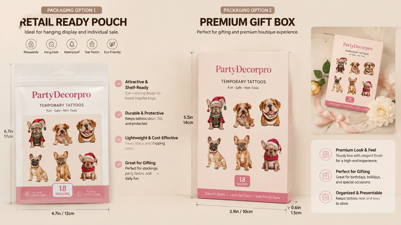 Temporary tattoos packaging options display, featuring customizable and gift-ready designs.