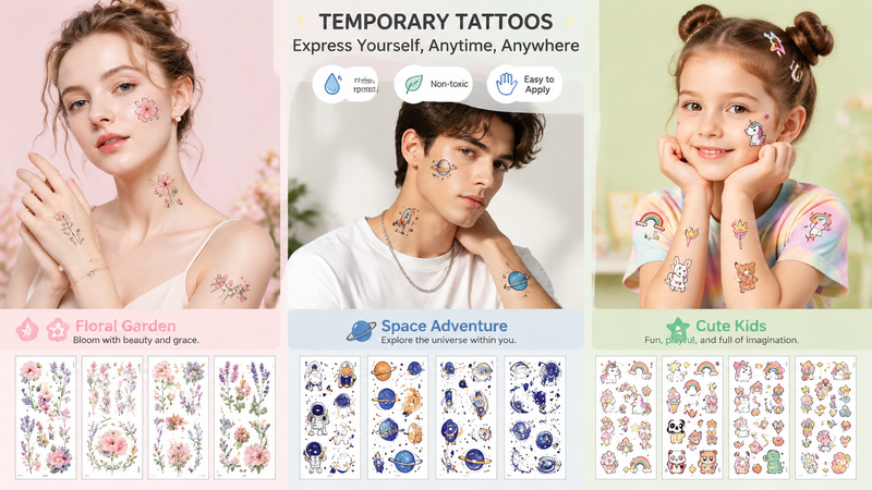 Temporary tattoos set with patriotic and playful designs, customizable for events and brands.