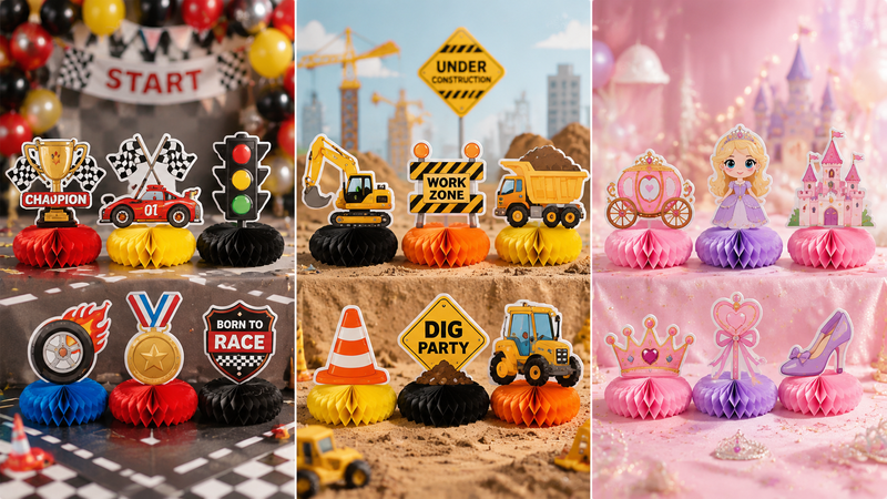 Honeycomb centerpiece decorations with car, construction, and princess themes for parties, customizable for events.