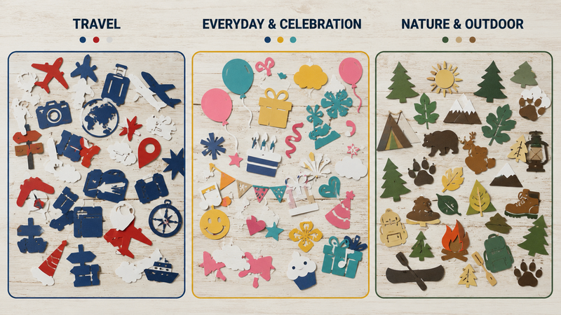 Colorful paper cut confetti in travel, celebration, and nature themes arranged on a wooden background.