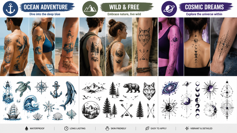 Themed temporary tattoo sets showcasing Ocean Adventure, Wild & Free, and Cosmic Dreams designs.