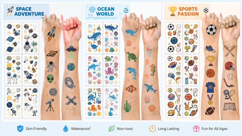 Colorful themed temporary tattoos displayed on sheets and applied to forearms, showcasing space, ocean, and sports designs suitable for all ages.