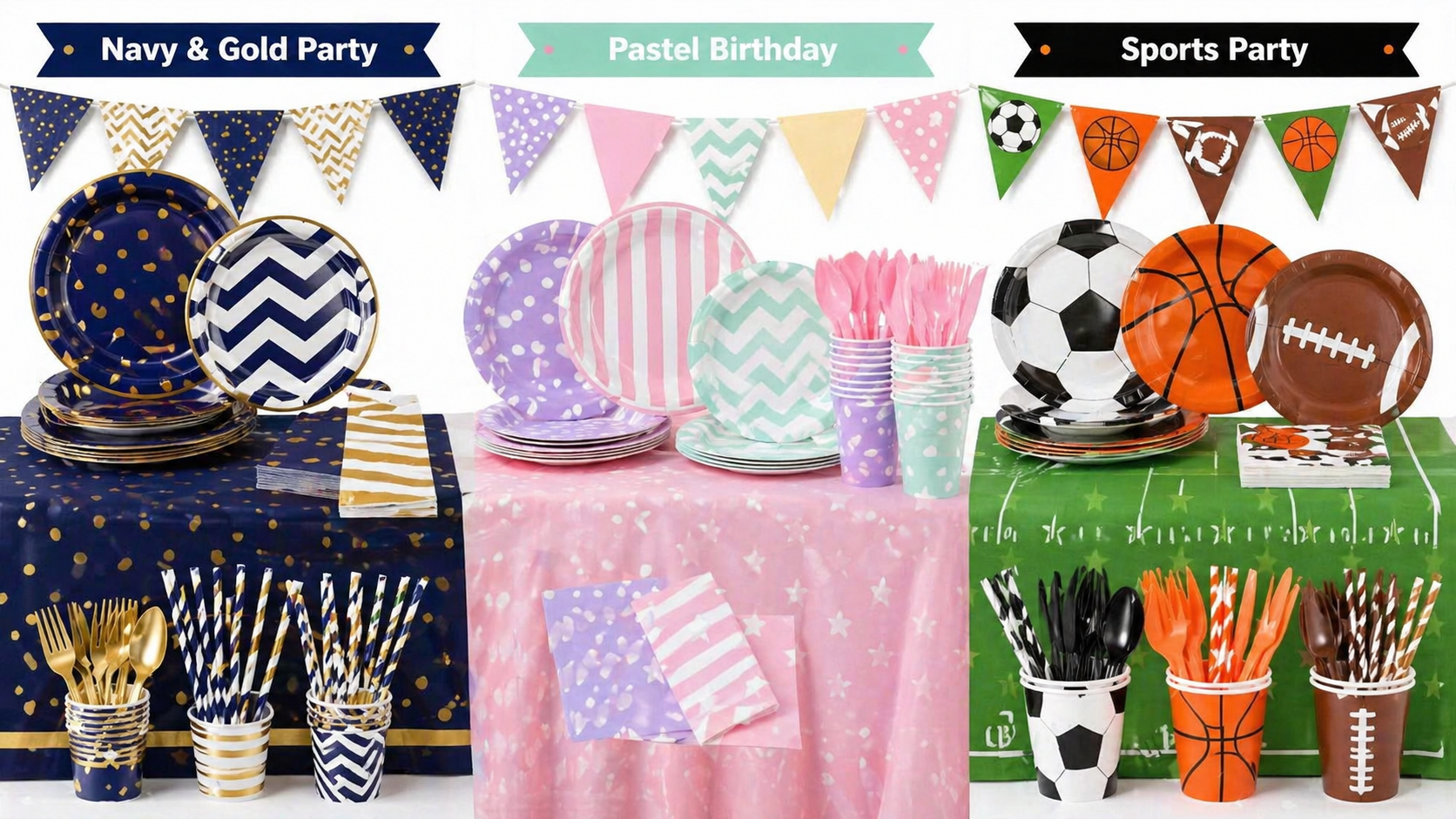 Disposable party tableware set with coordinated themed plates cups napkins table covers and cutlery suitable for multiple party occasions and customization options