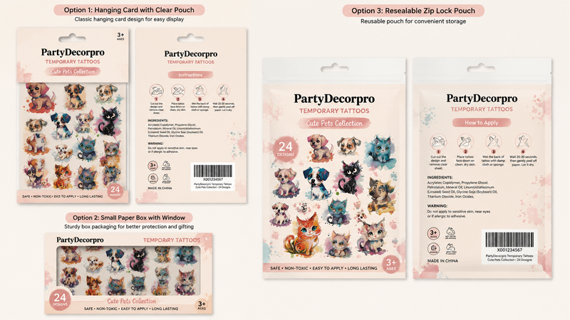 Temporary tattoos packaging with watercolor pets in hanging card, box, and zip pouch options