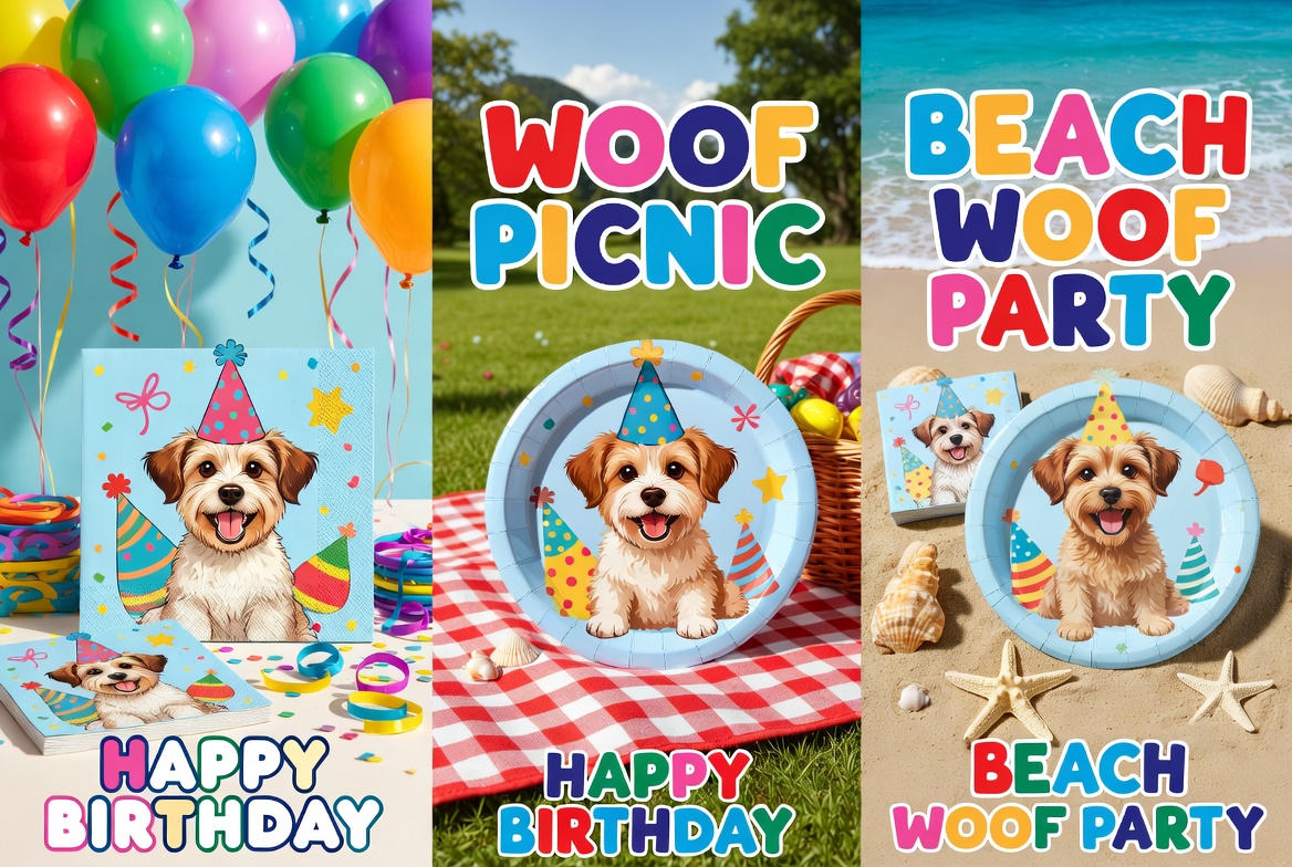 Dog-themed party supplies collage showing birthday, picnic and beach party themes with cute dog illustrations on paper plates and napkins - 16:9 product display