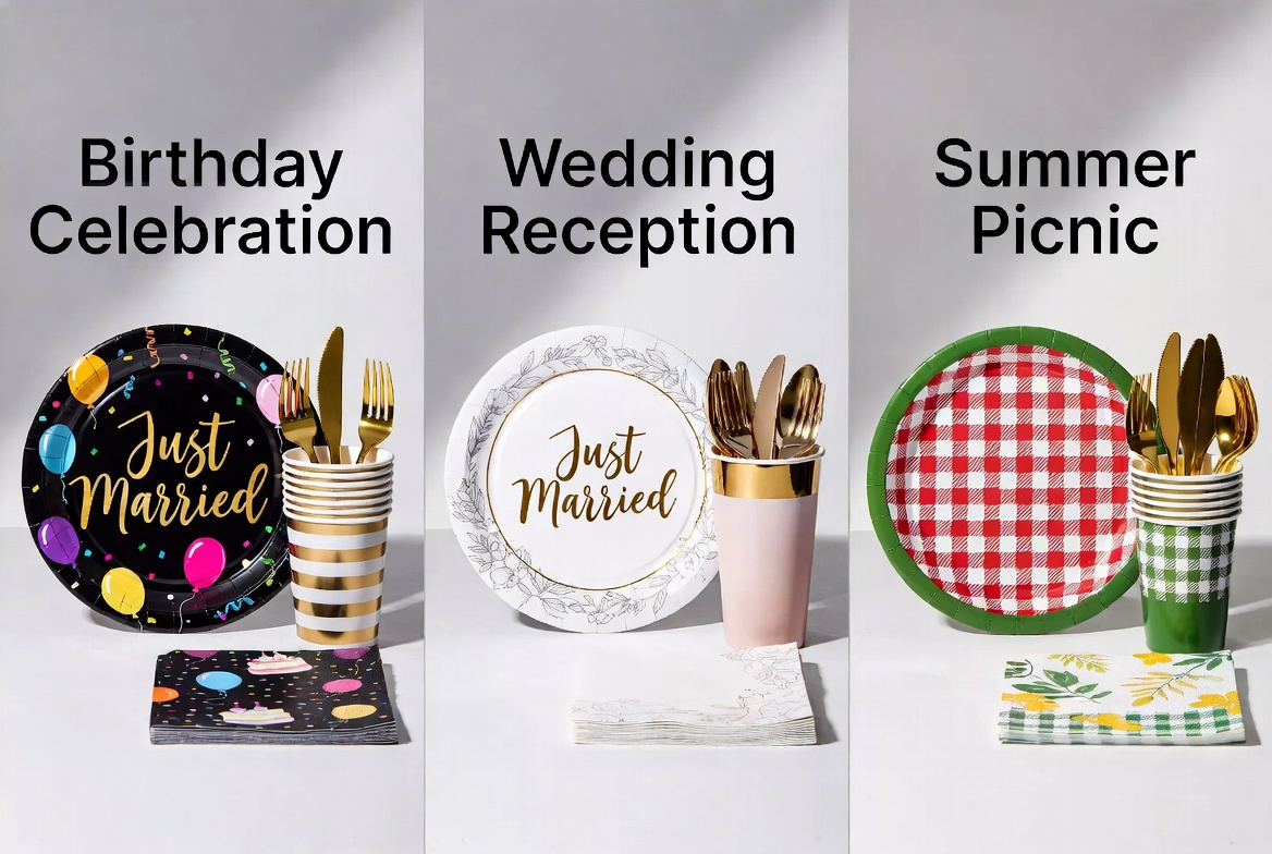 Elegant disposable tableware sets for birthday celebration, wedding reception and summer picnic themes with plates, cups, napkins and gold cutlery