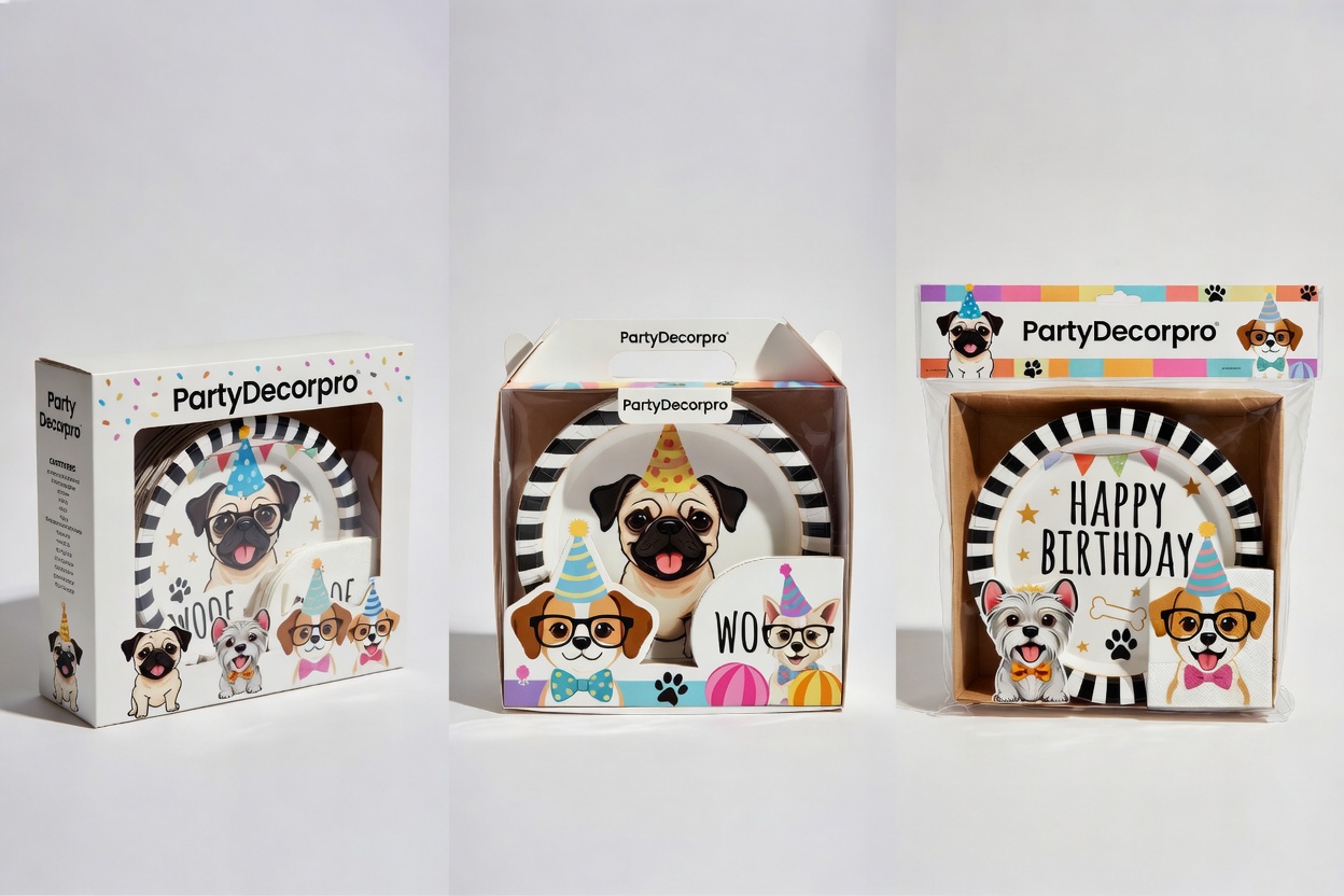 Three different custom packaging options for dog birthday party supplies including premium gift box, compact box and eco-friendly pouch