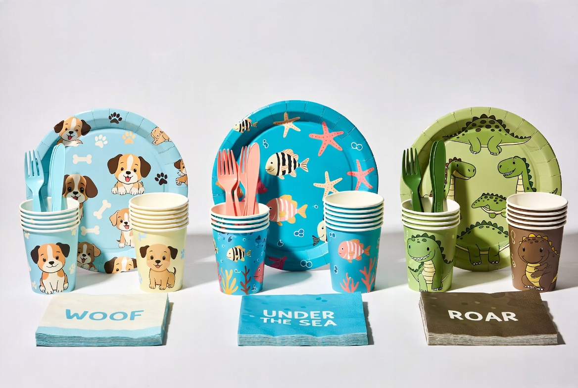Cute dog ocean and dinosaur themed disposable party tableware sets with plates cups napkins and utensils product display