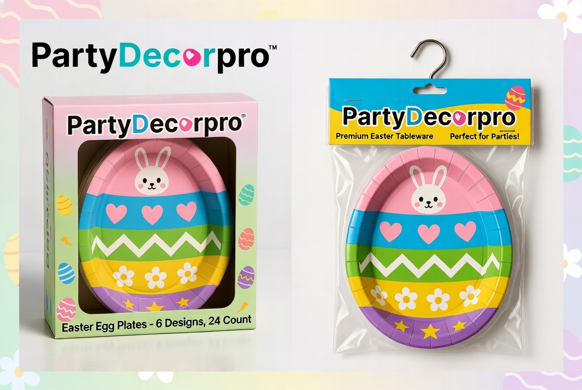 Easter egg paper plates packaging mockups showing retail box and hanging header bag options for party tableware