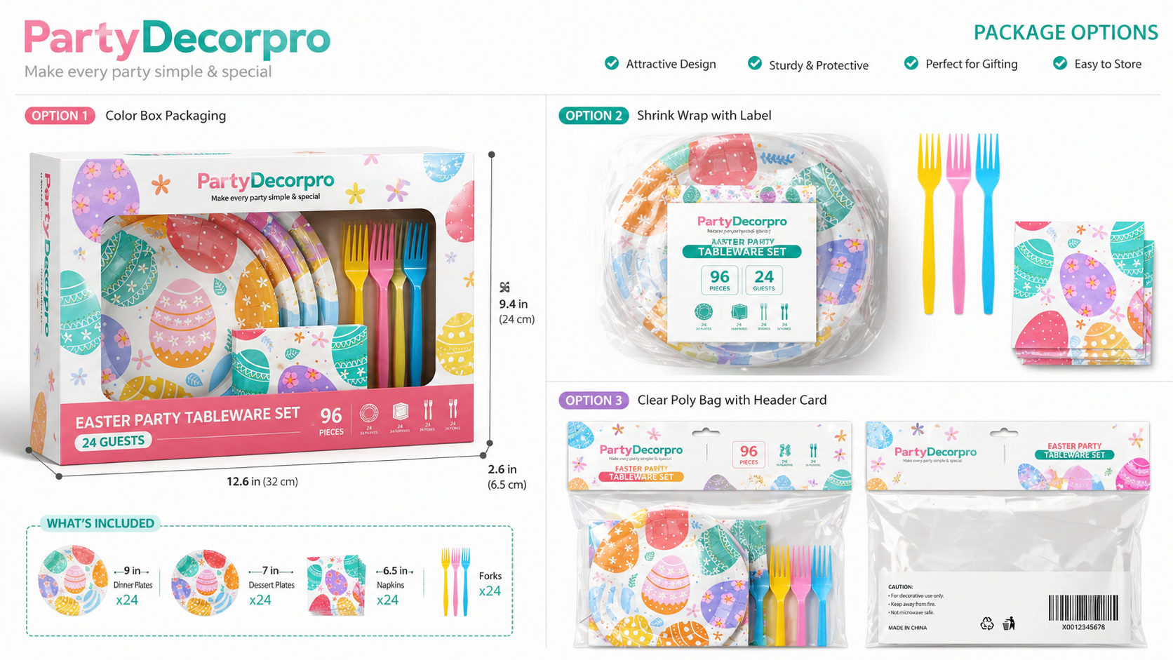 Easter party tableware set packaging options including color box shrink wrap and header card poly bag packaging display for disposable plates napkins and forks set