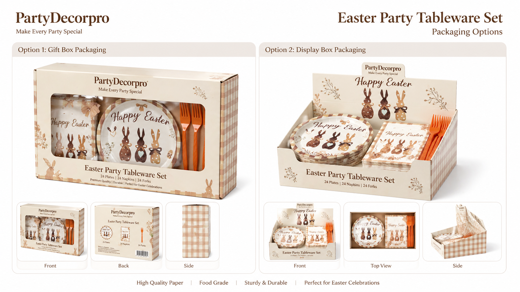 Easter disposable party tableware set packaging options with window gift box and display tray retail packaging presentation