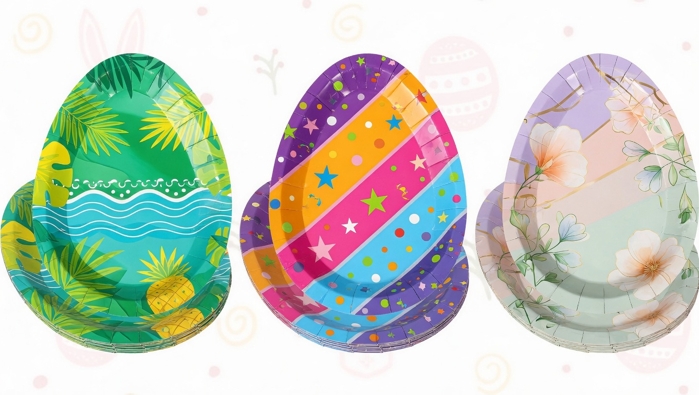 Colorful egg-shaped disposable paper plates in tropical summer, birthday celebration, and elegant floral styles for party use