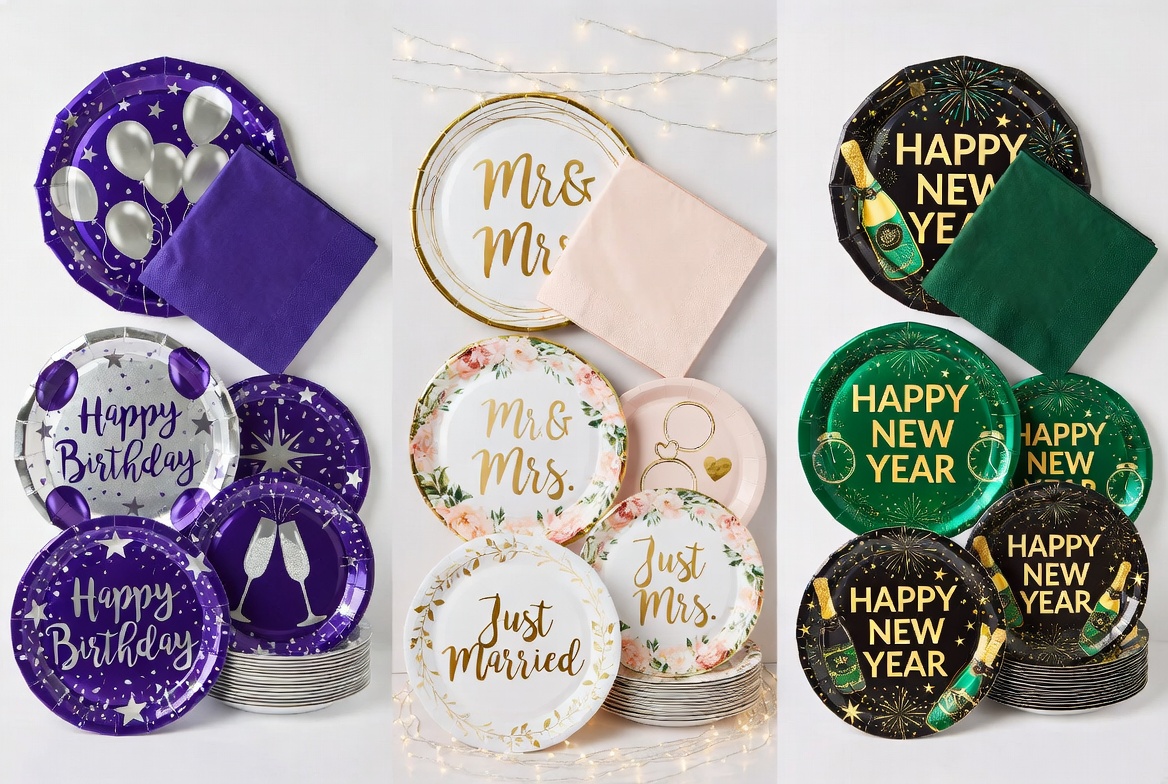 Three themed party paper plates and napkins set - Birthday, Wedding, New Year disposable tableware