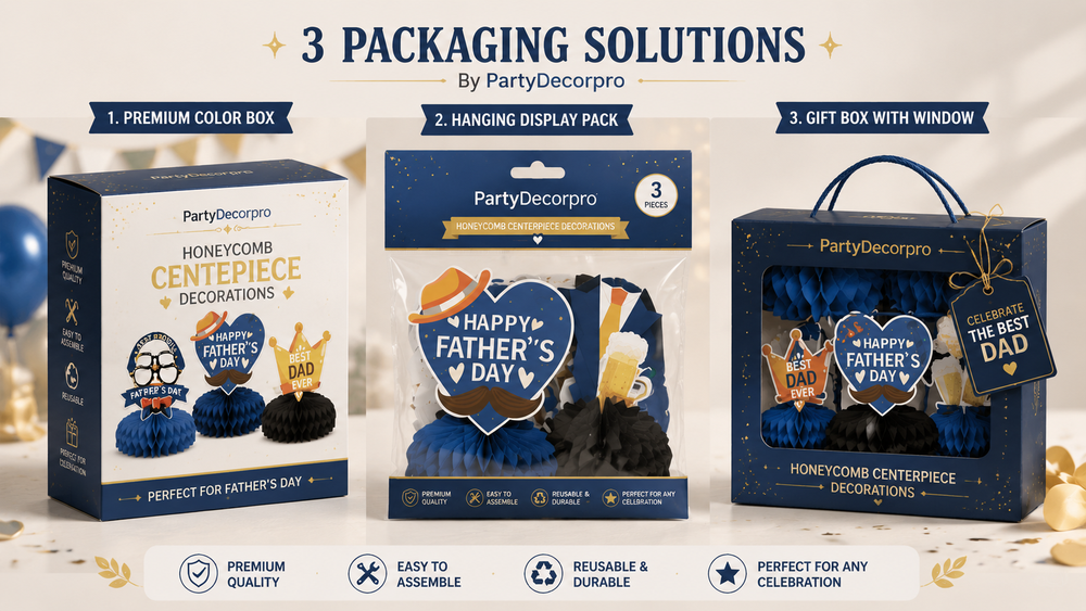 Father's Day honeycomb centerpiece packaging with three creative design options, varied bases, and festive styling.