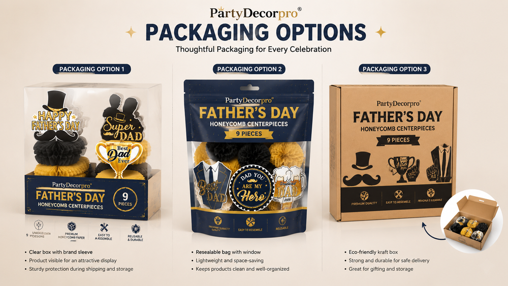 Father’s Day honeycomb centerpieces with glitter toppers and multiple packaging options for wholesale and events