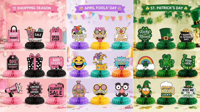 Honeycomb paper centerpiece sets for Shopping Season, April Fools’ Day, and St. Patrick’s Day with themed decorations.