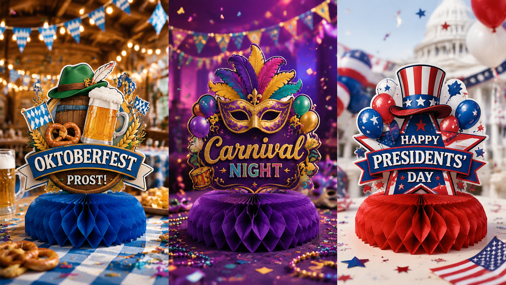 Oktoberfest, Carnival Night, and Presidents’ Day themed honeycomb paper centerpieces in vibrant colors on festive tables