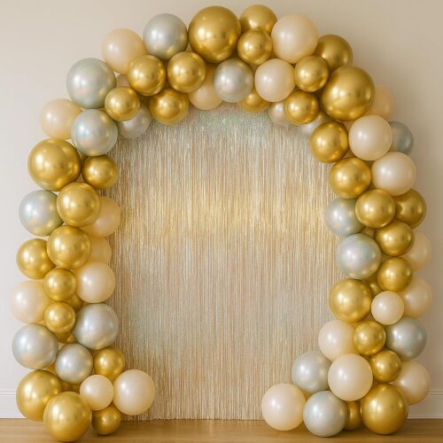 This shimmering gold foil fringe curtain with matching balloon arch features premium iridescent gold rain curtain material for luxurious flowing light effect, paired with chrome gold, champagne, silver and cream balloons in elegant arch. Perfect high-end backdrop for weddings, parties and events. We can customize