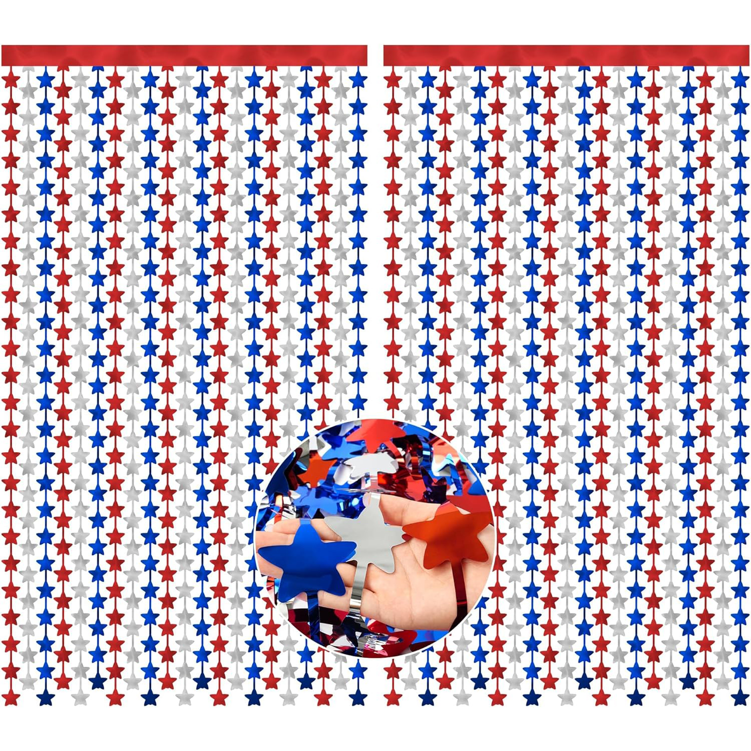 This Fringe Curtains For Party is made of high-quality metallic foil with unique star fringe design, alternating red, white and blue colors, shiny, durable and easy to install, perfect for parties and celebrations. We can customize any specified shape, size, color combination and logo according to your needs to provide exclusive decoration solutions for B2B clients.